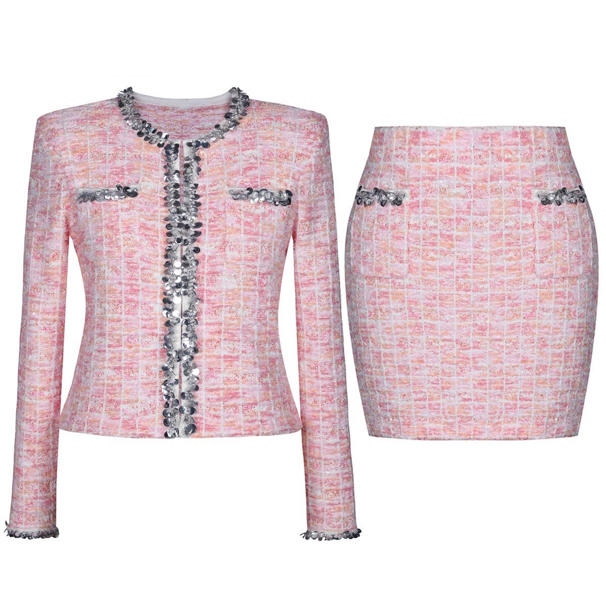 SET95 Knitted Sequin Wool Cardigan & Skirt Set for Seasons