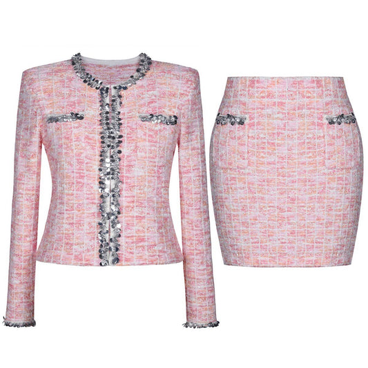 SET95 Knitted Sequin Wool Cardigan & Skirt Set for Seasons