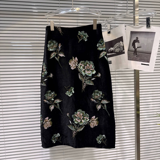 SK85 Vintage Velvet Midi Skirt with Floral Sequin Embroidery