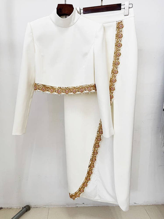 SET216Y Handmade Sequin Beaded Short Top and Maxi Skirt Set