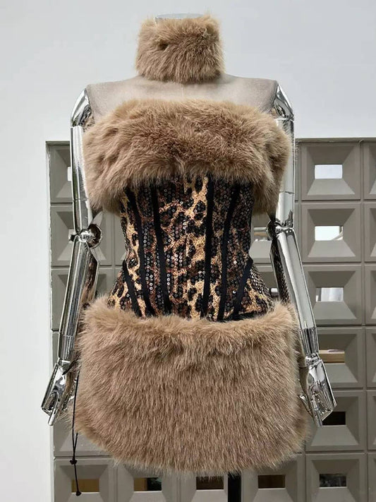 59Y Leopard Sequin Tube Top with Eco-Fur Three-Piece Set