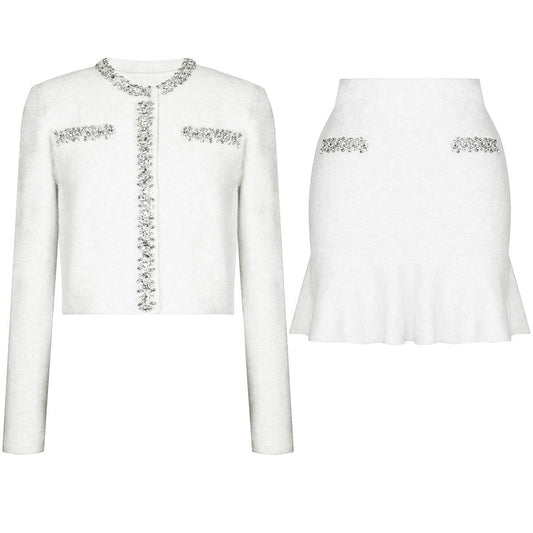 SET94Y Diamond Knit Wool Cardigan & Hip Skirt Set