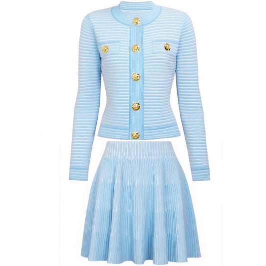 SET194Y Elegant Ribbed Cardigan & Pleated Skirt Set ¨C Pink