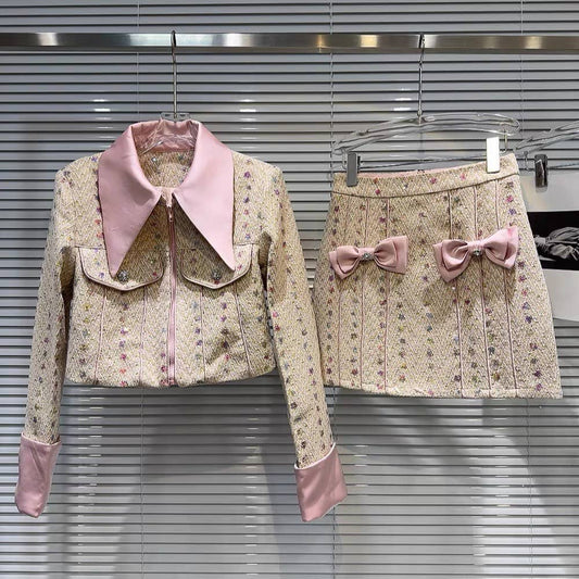 SET171Y Tweed Sequin Jacket & Bow Skirt Set ¨C Autumn Chic