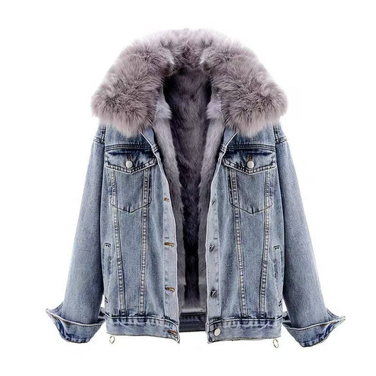 JK123Y Denim Jacket with Detachable Fur Lining and Collar