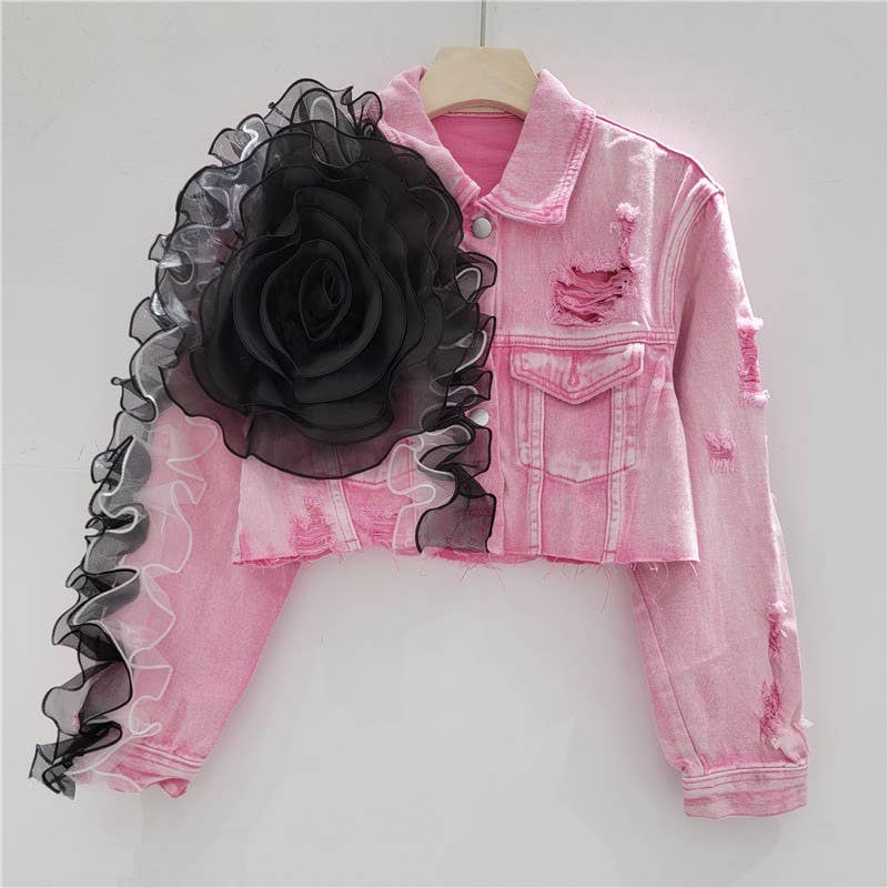 JK141 Denim Jacket with Mesh Flower and Distressed Edge