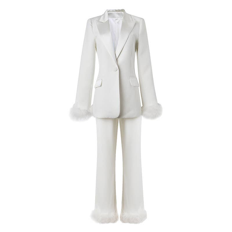 SET069 Elegant Ostrich Feather Blazer & Pants Set
