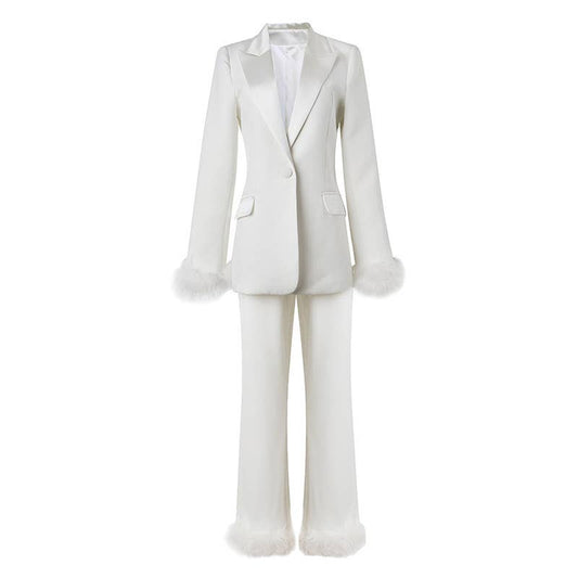 SET069 Ostrich Feather Blazer & Women's Pants Suit