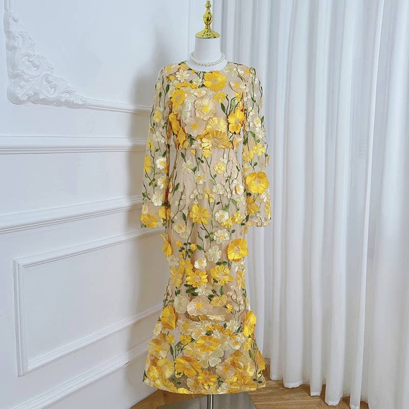 DR947Y 3D Floral Embroidered Waist Fit Mermaid Dress