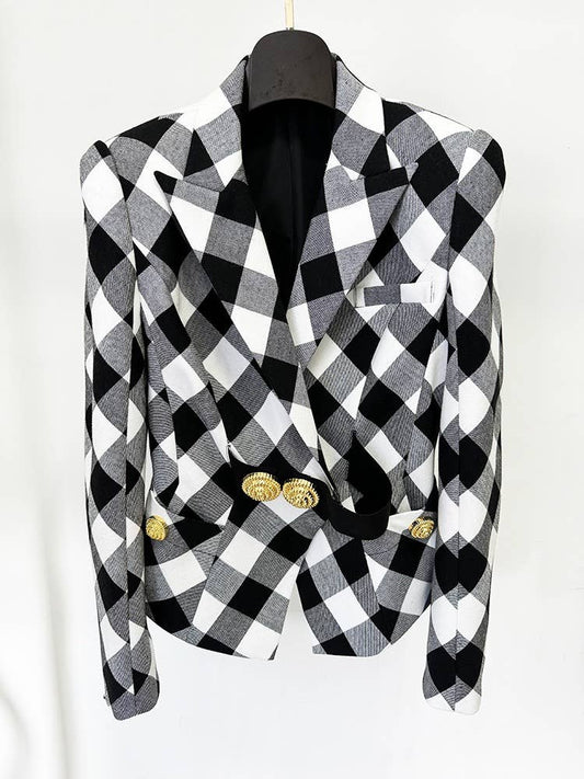JK130Y Black & White Plaid Slim-Fit Blazer with Gold Buttons
