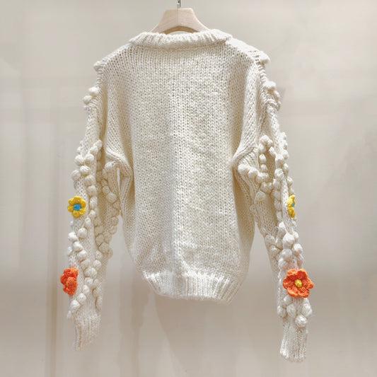 TP41 Hand-Woven Knitted Floral Sweater with 3D Flowers