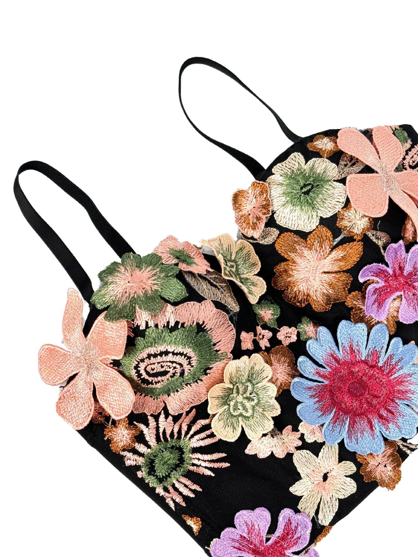 VE006Y Retro Floral Embroidered Tube Top Camisole with Bra