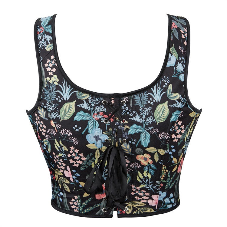 VE17 Black Floral Tube Top with Adjustable Tie Straps