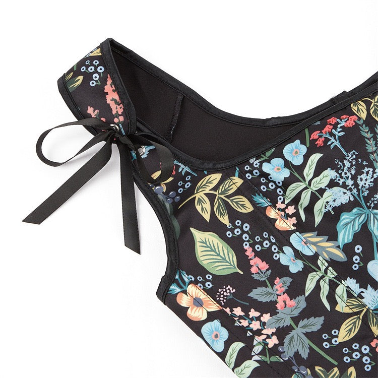 VE17 Black Floral Tube Top with Adjustable Tie Straps