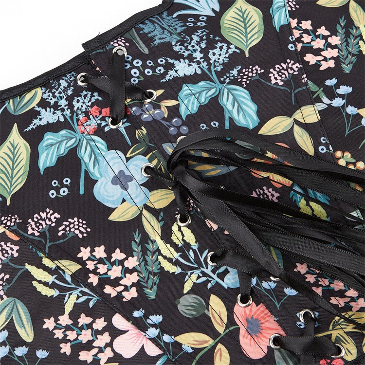 VE17 Black Floral Tube Top with Adjustable Tie Straps