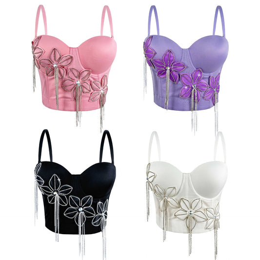 VE19Y Rhinestone Tassel Fishbone Corset Top ¨C Dazzle Pink