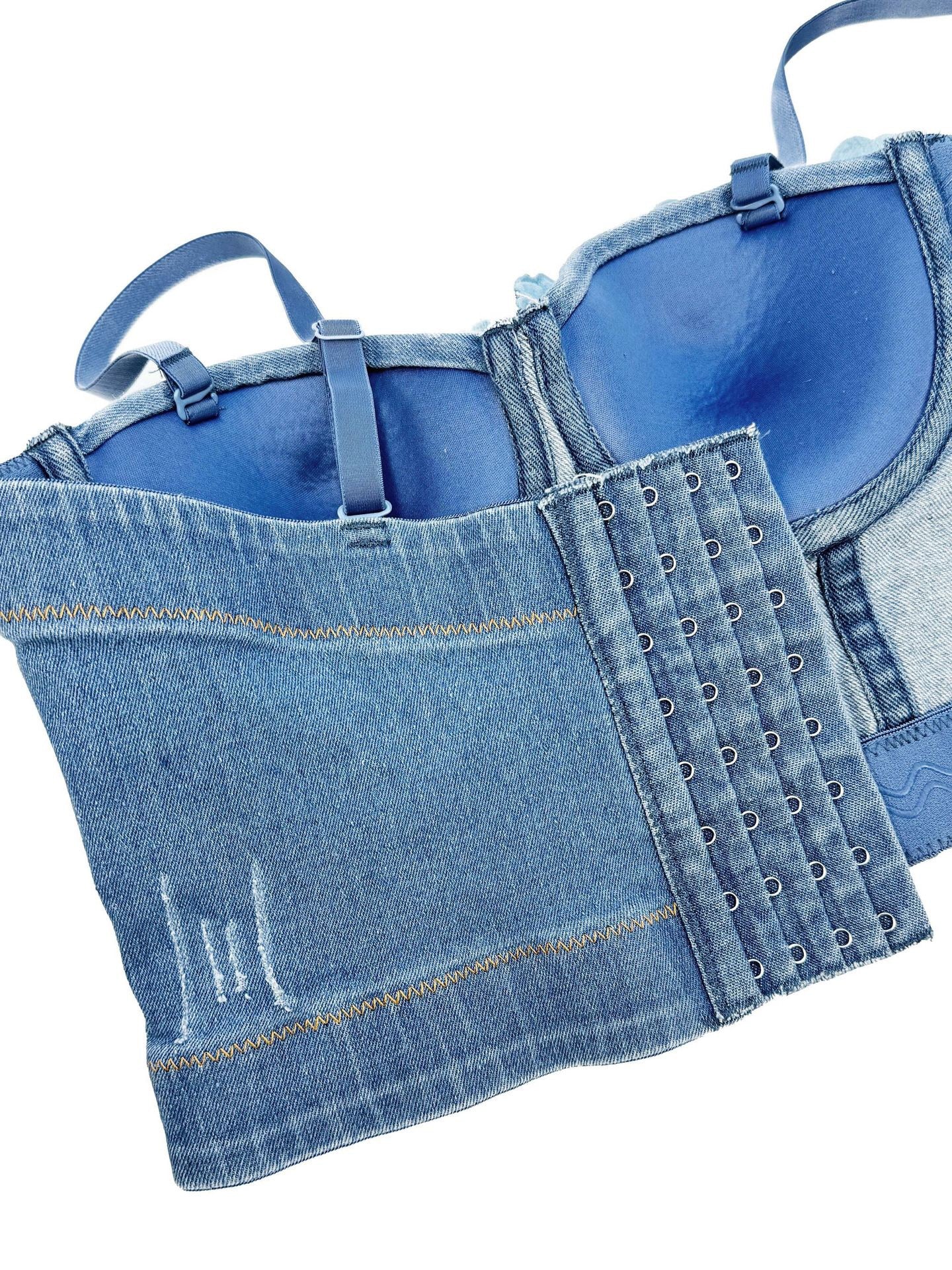 VE20Y Embellished Denim Herringbone Camisole Bra Top