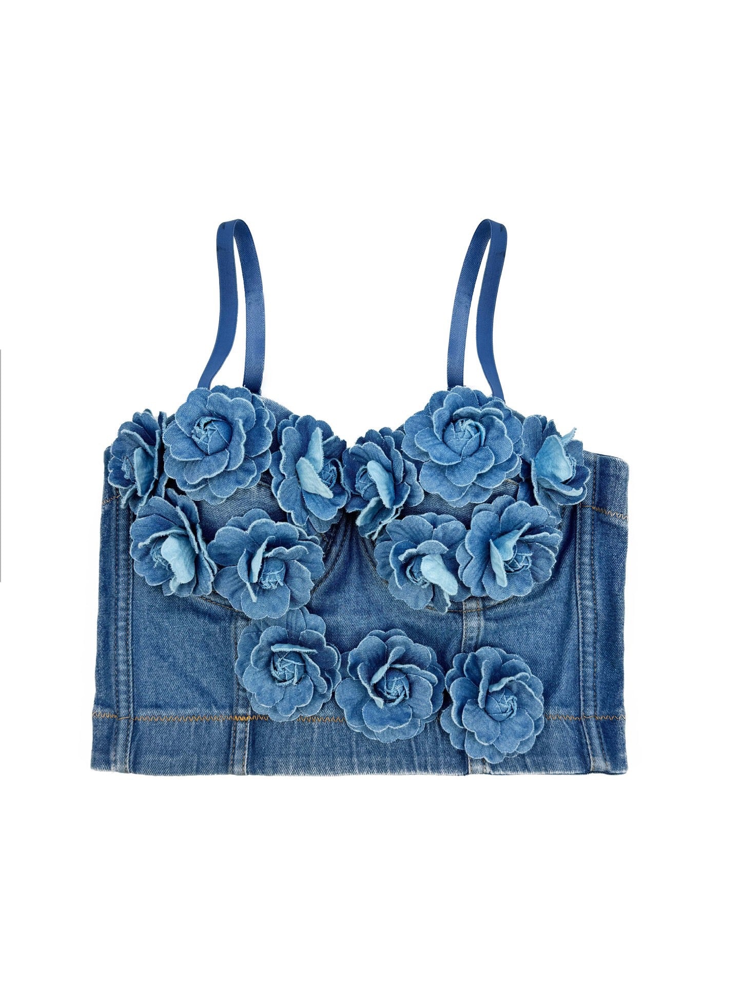 VE20Y Embellished Denim Herringbone Camisole Bra Top
