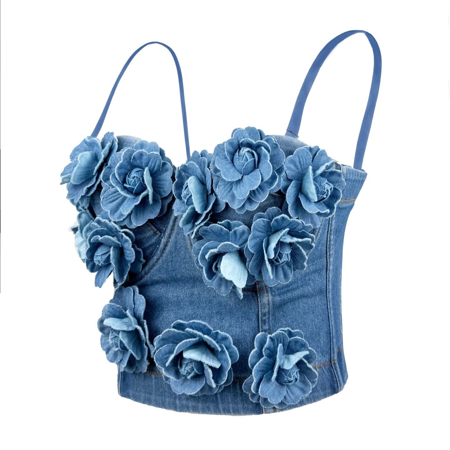 VE20Y Embellished Denim Herringbone Camisole Bra Top