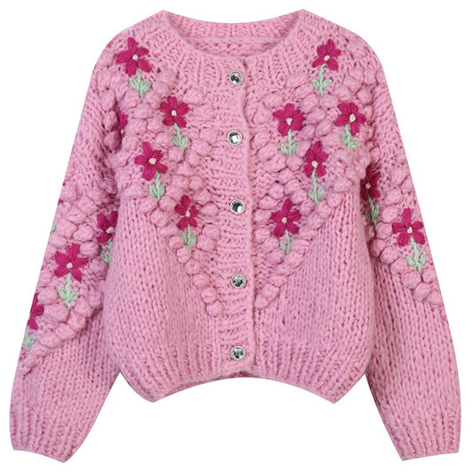 TP49 Pink Bobble Knit Floral Embroidered Short Cardigan