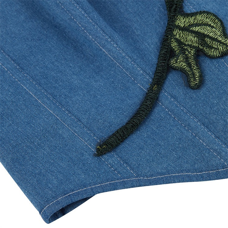 VE11 Elegant Denim Corset Top with Red Rose Embroidery