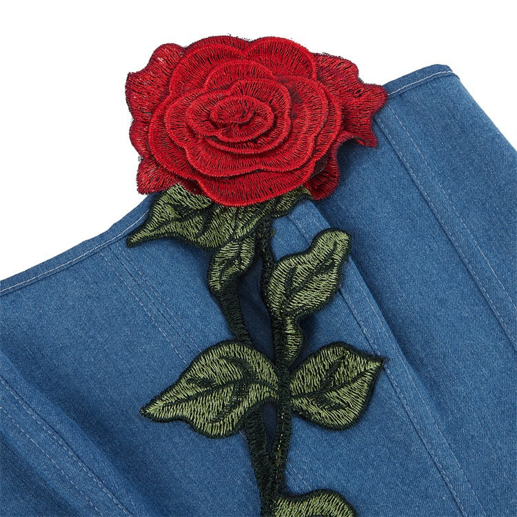 VE11 Elegant Denim Corset Top with Red Rose Embroidery