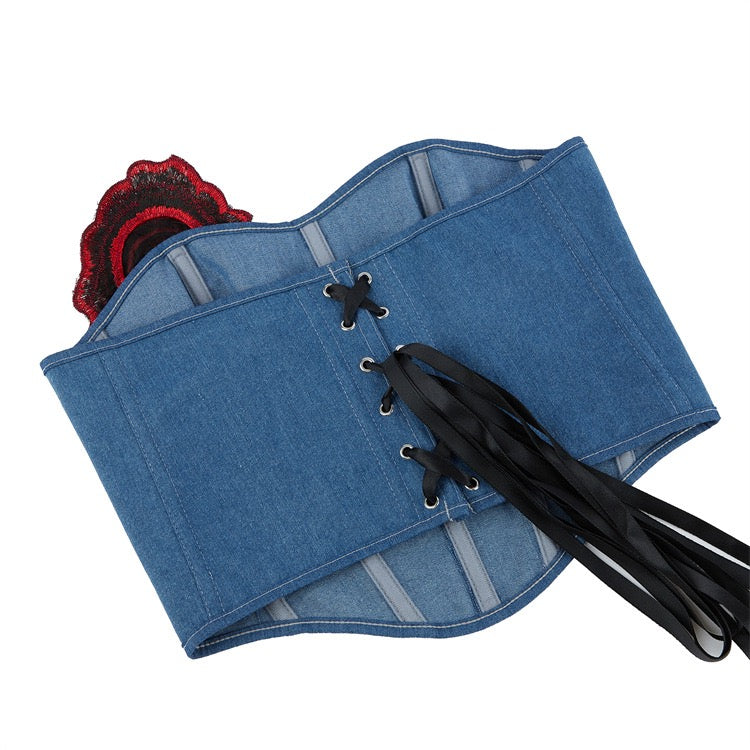 VE11 Elegant Denim Corset Top with Red Rose Embroidery
