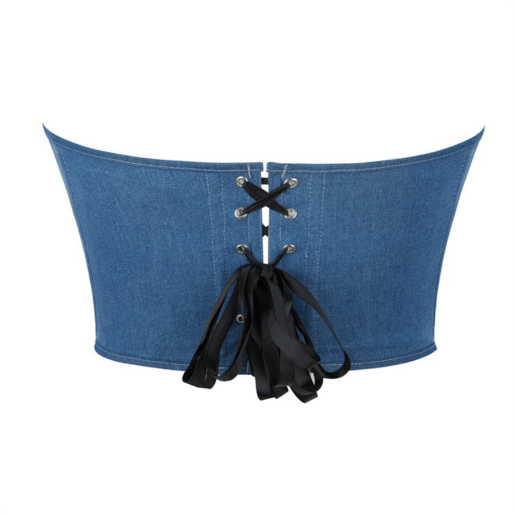 VE11 Elegant Denim Corset Top with Red Rose Embroidery