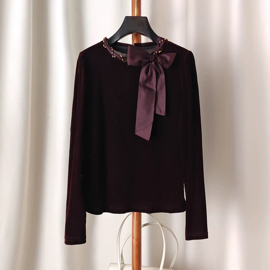 TP56Y Velvet Bow Long-Sleeve Lightweight Flocked Top