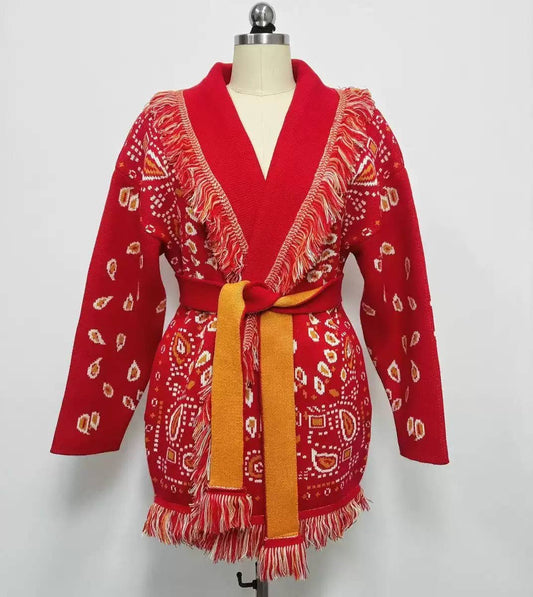 CT161 Boho Jacquard Knit Cardigan ¨C Wool Blend Statement