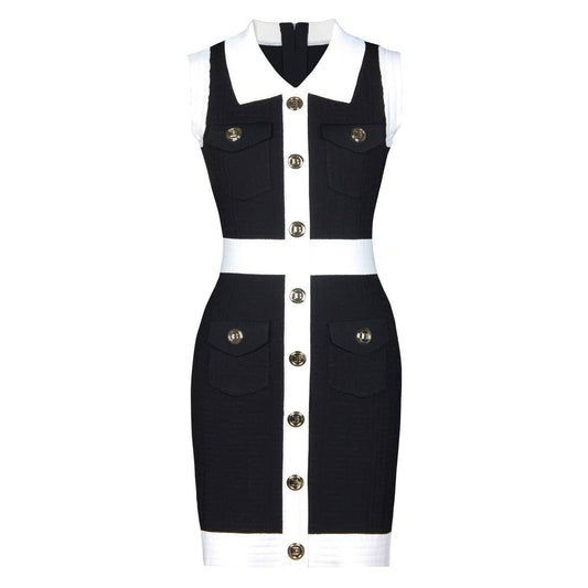 DR504 Buttoned Colorblock Sleeveless Lapel Knitted Dress