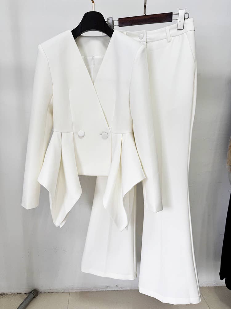 SET43Y Red Ruffle Trim Fitted Jacket and Flared Trousers Set