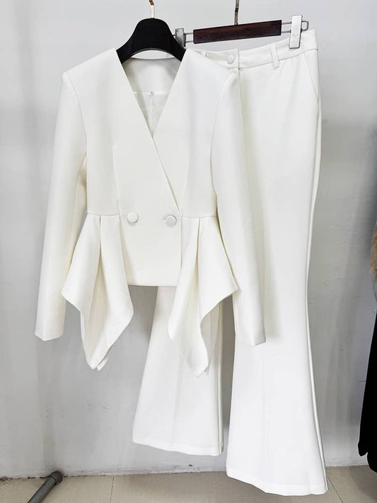 SET43Y Red Ruffle Trim Fitted Jacket and Flared Trousers Set