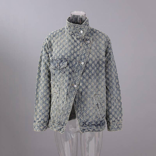 66Y Unisex irregular washed denim jacket lapel casual coat
