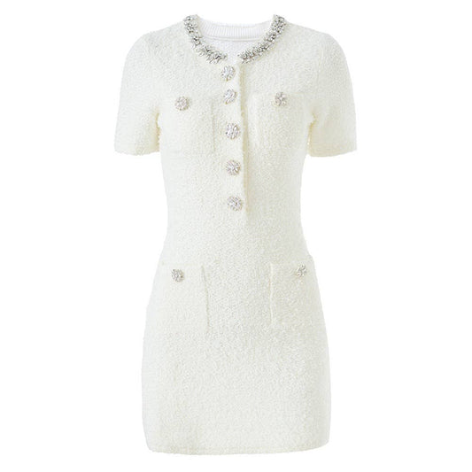DR946Y 2026 Beaded Tweed Knit Slim Fit Short Sleeve Dress