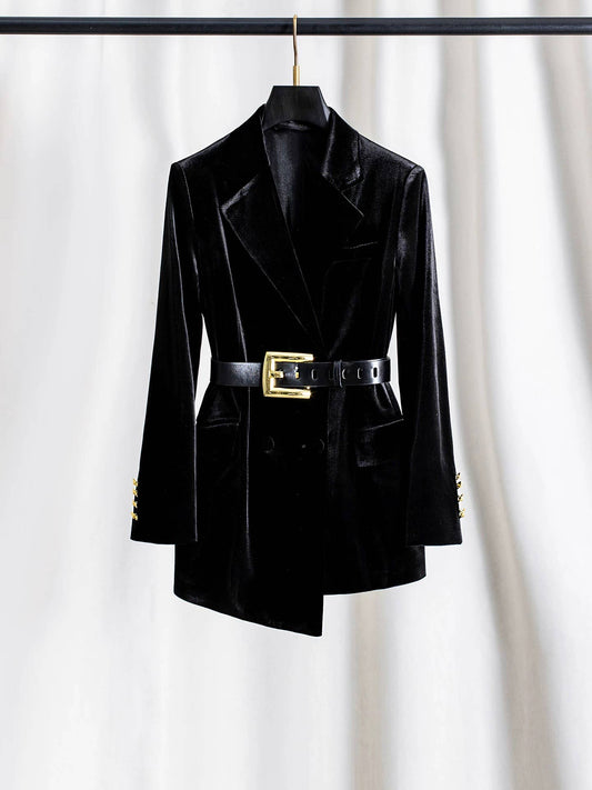 BL38Y Elegant Black Velvet Blazer with Belted Waist