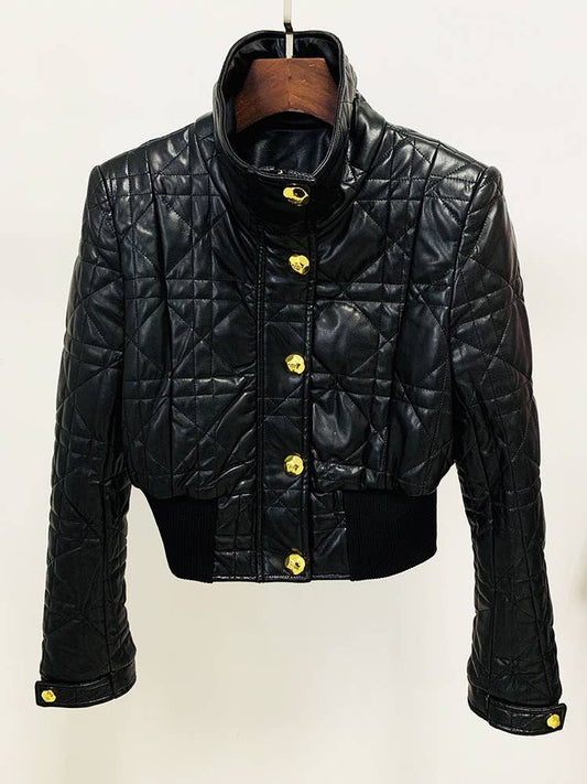 JK125Y Chic Quilted Black Leather Jacket with Gold Buttons