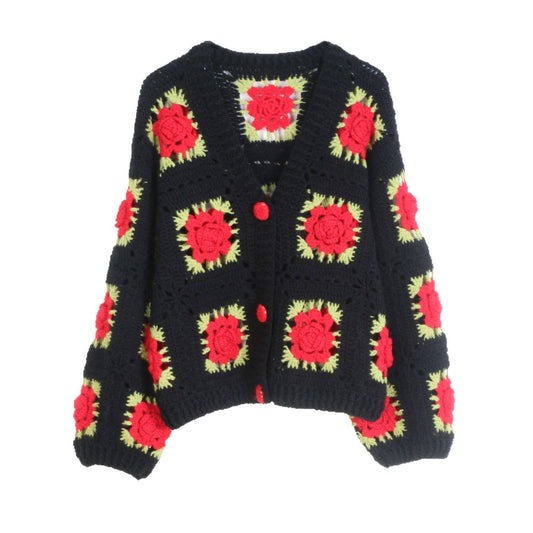 TP50 Hand-Crochet Rose Wool Cardigan with Vintage Charm