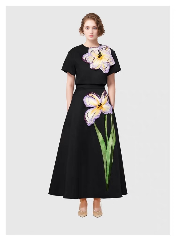 21Y Elegant Summer 3D Flower Short-Sleeve Top and Skirt Set