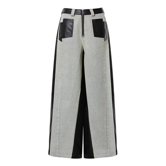 PT005 Retro Contrast Leather Wide-Leg Jeans