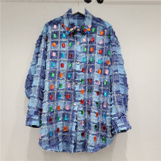 JK081 Chic Rhinestone Checkered Shirt