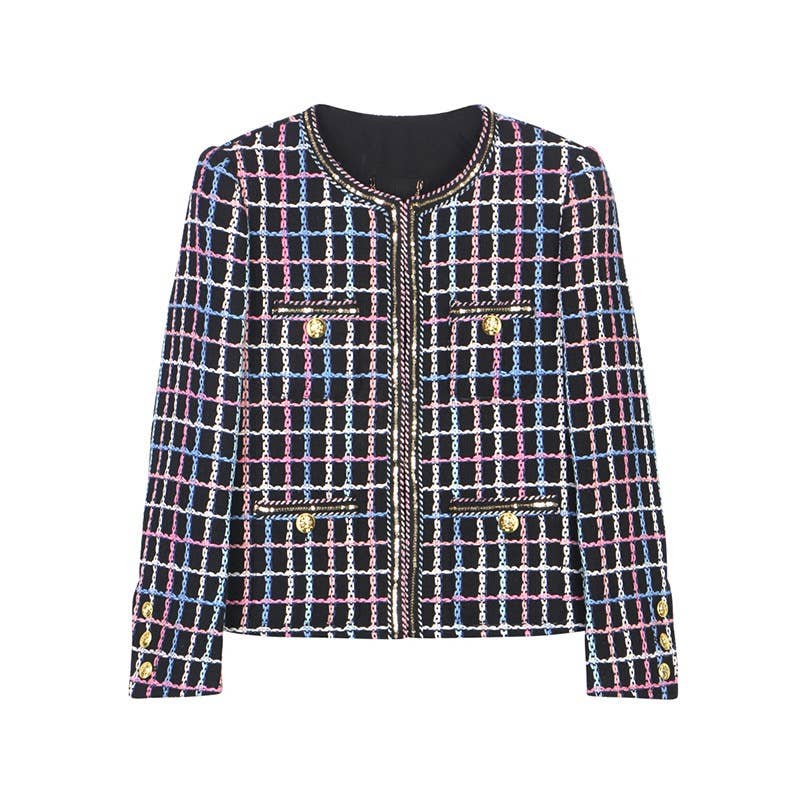 JK150Y Hand-Woven Striped Plaid Tweed Jacket with Texture
