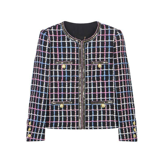 JK150Y Hand-Woven Striped Plaid Tweed Jacket with Texture