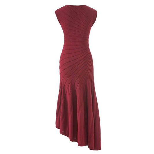 DR867 Sleeveless Knit Vest Pleated Slim Fit Midi Dress