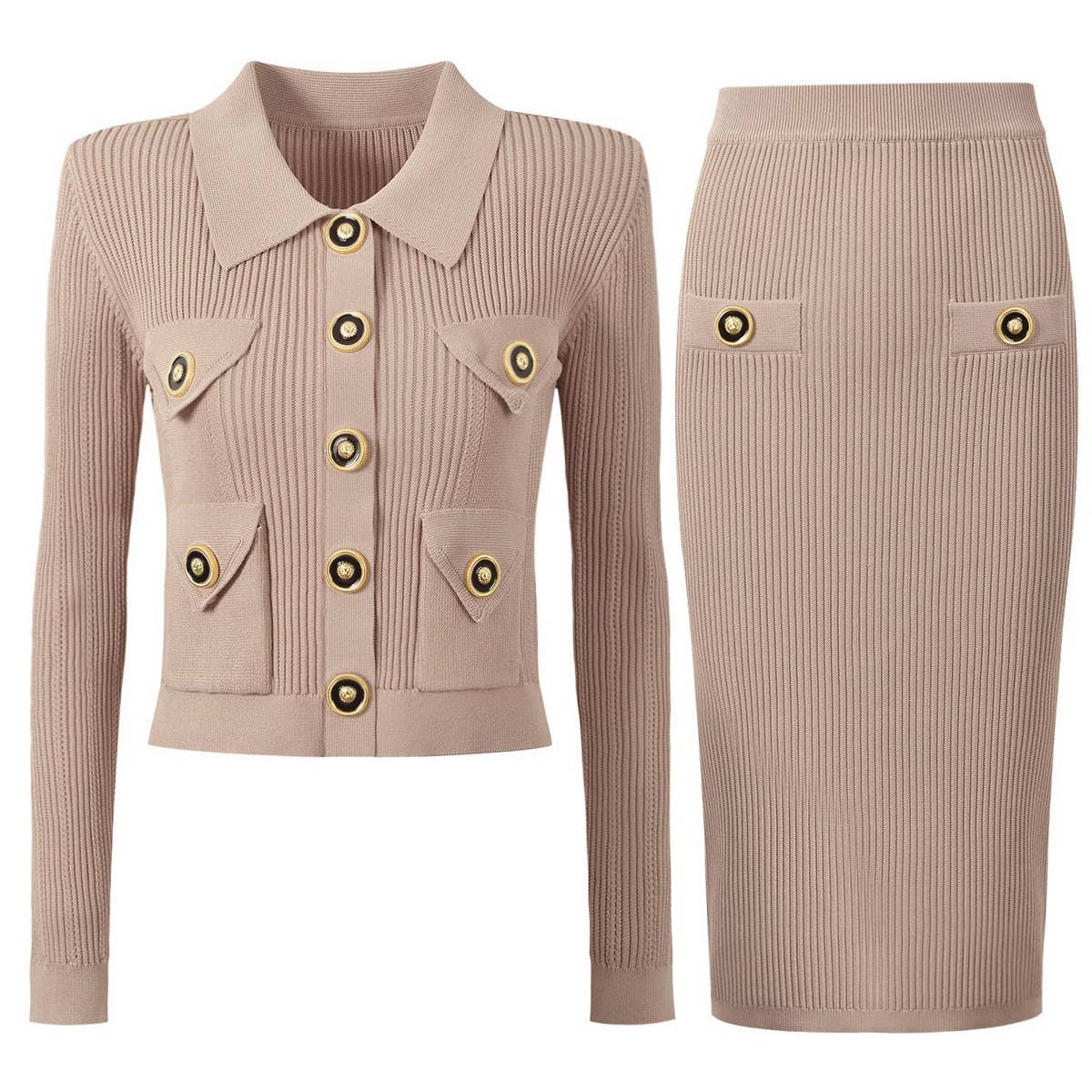 SET218Y 2025 Elegant Pink Knit Cardigan & Pencil Skirt Set