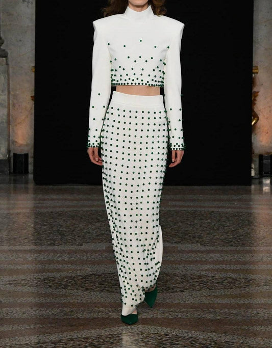 SET10-1 Elegant Pearl Beaded Crop Top & Maxi Skirt Set