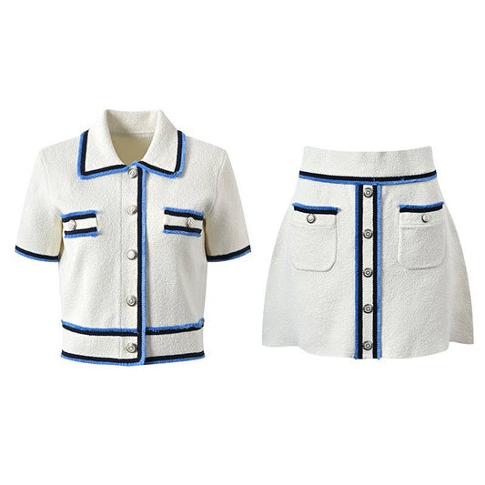 SET186 Tweed Knit Short Sleeve Cardigan and Skirt Set