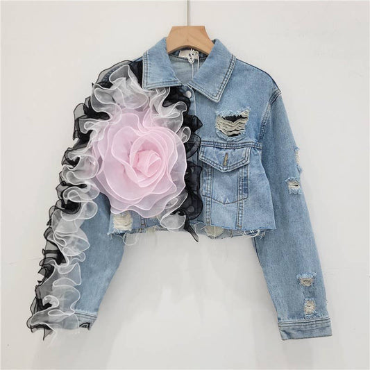 JK141 Denim Jacket with Mesh Flower and Distressed Edge