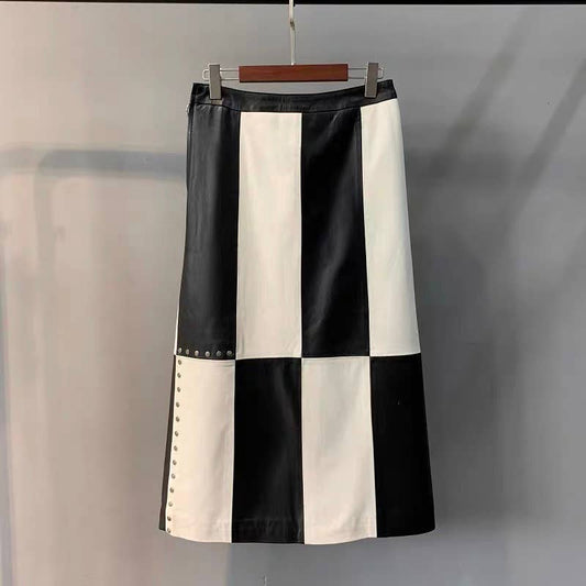 SK98Y Genuine Leather Color Block Plaid High Waist Skirt
