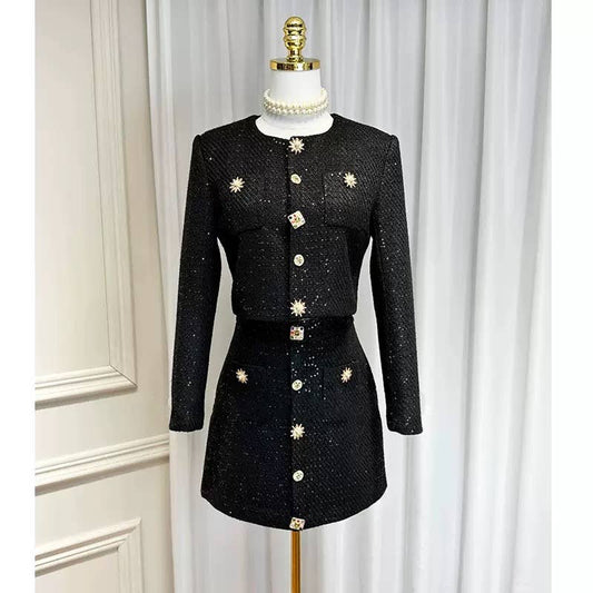 SET230Y Sequin Tweed Set ¨C Pearl Button Jacket & Skirt